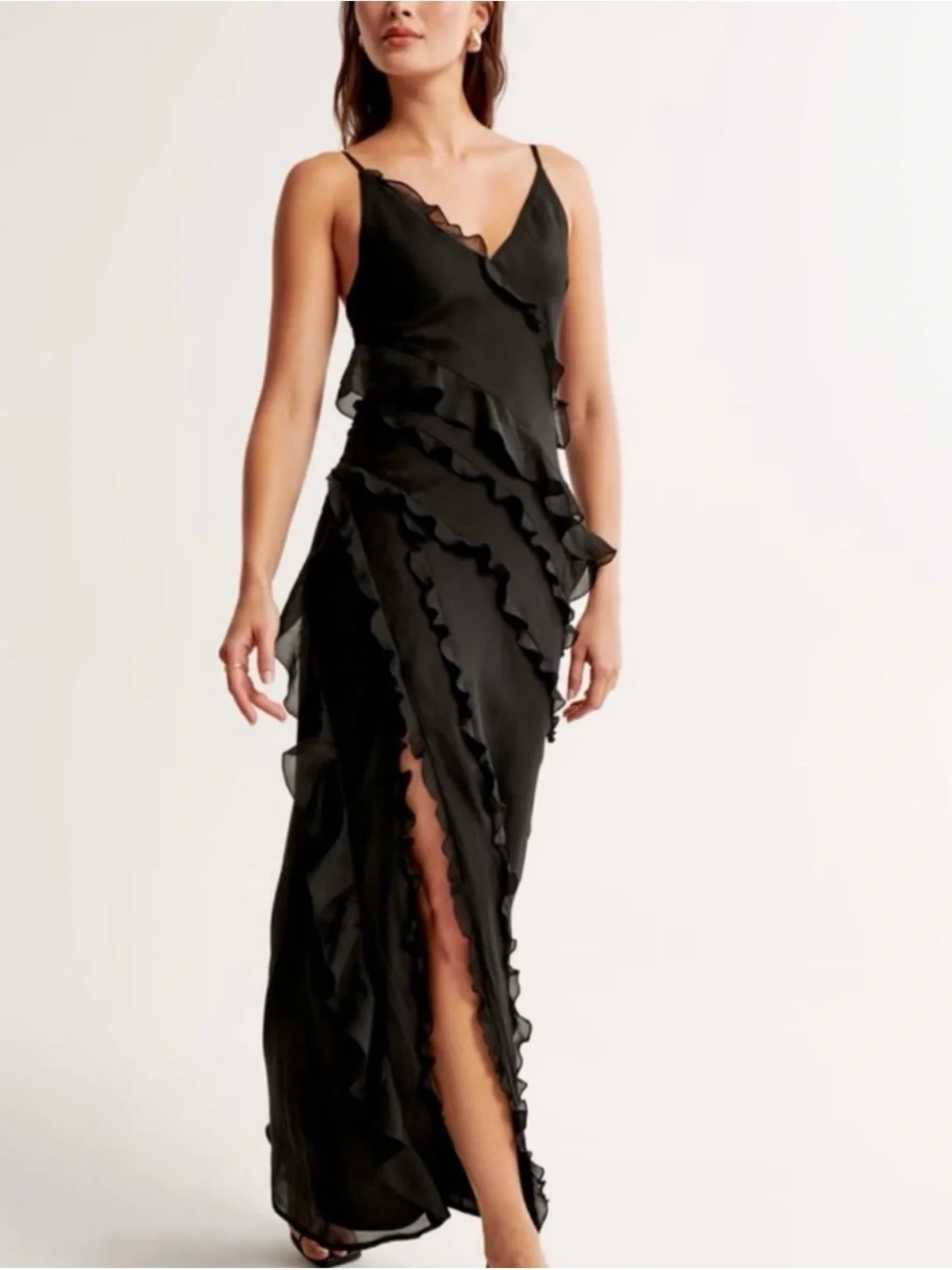Abercrombie & Fitch Black Ruffle Slip Maxi Dress